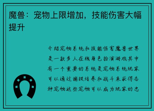 魔兽：宠物上限增加，技能伤害大幅提升