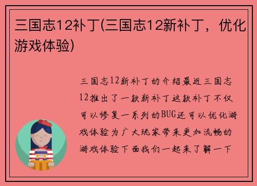 三国志12补丁(三国志12新补丁，优化游戏体验)